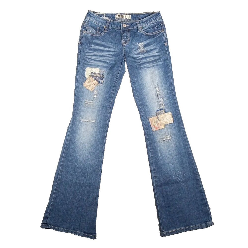 Zana Di Jeans Girl's Juniors Sz 5 Fits 27x31.5" Blue Flare Patchwork Boho Hippie